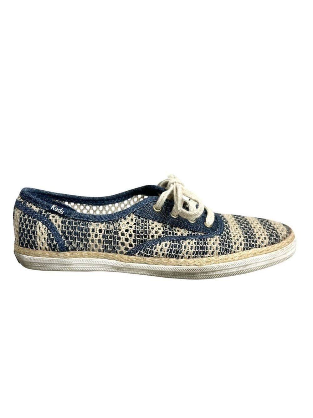 Keds Champion crochet blue beige cotton jute lace up flat sneakers 8